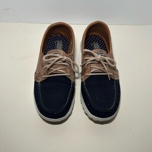 Skechers Embark Go Walk Lite Navy Tan Memory Foam Goga‎ Max Boat Shoes